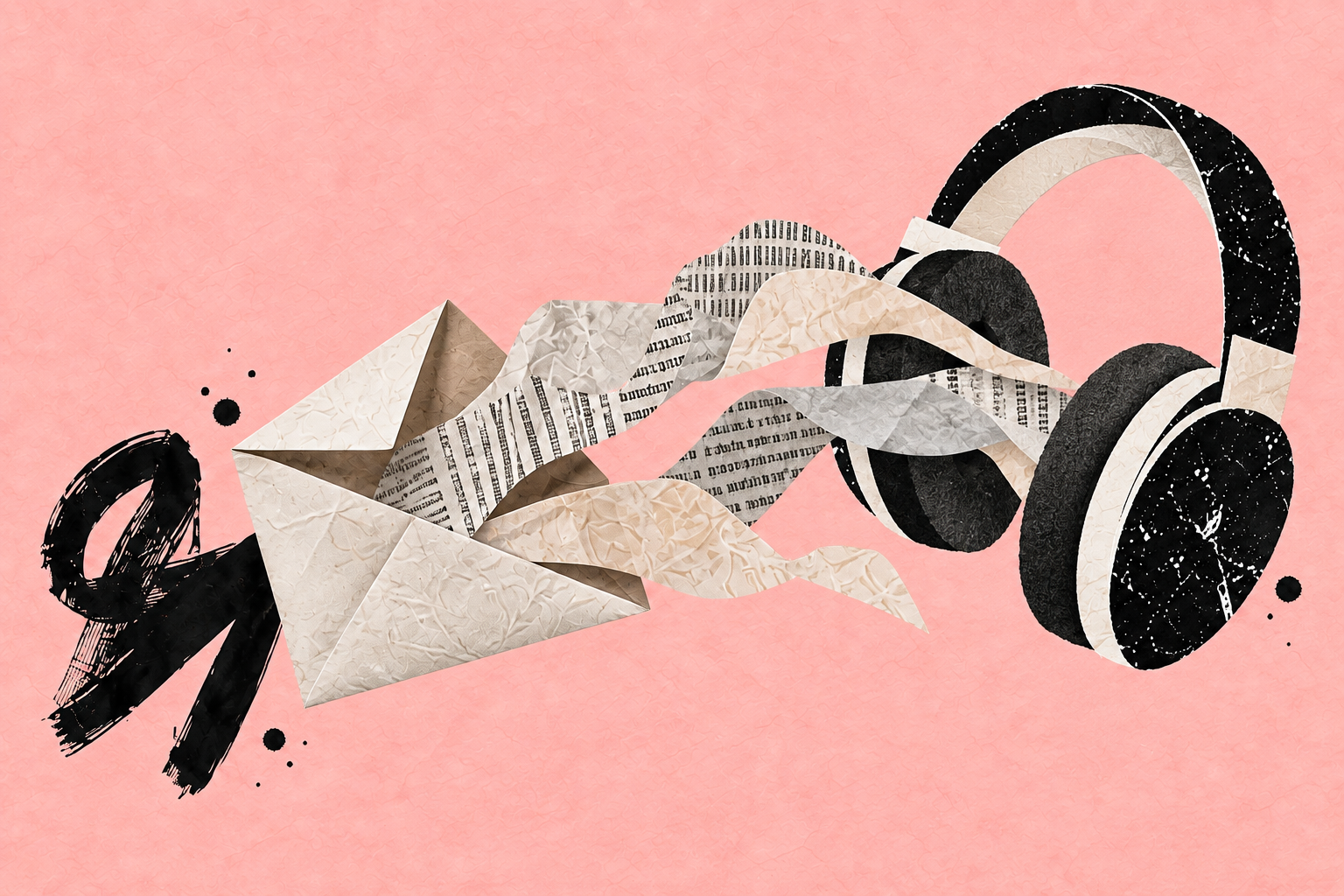 Pink collage of newsprint flowing from an envelope into cut-paper headphones